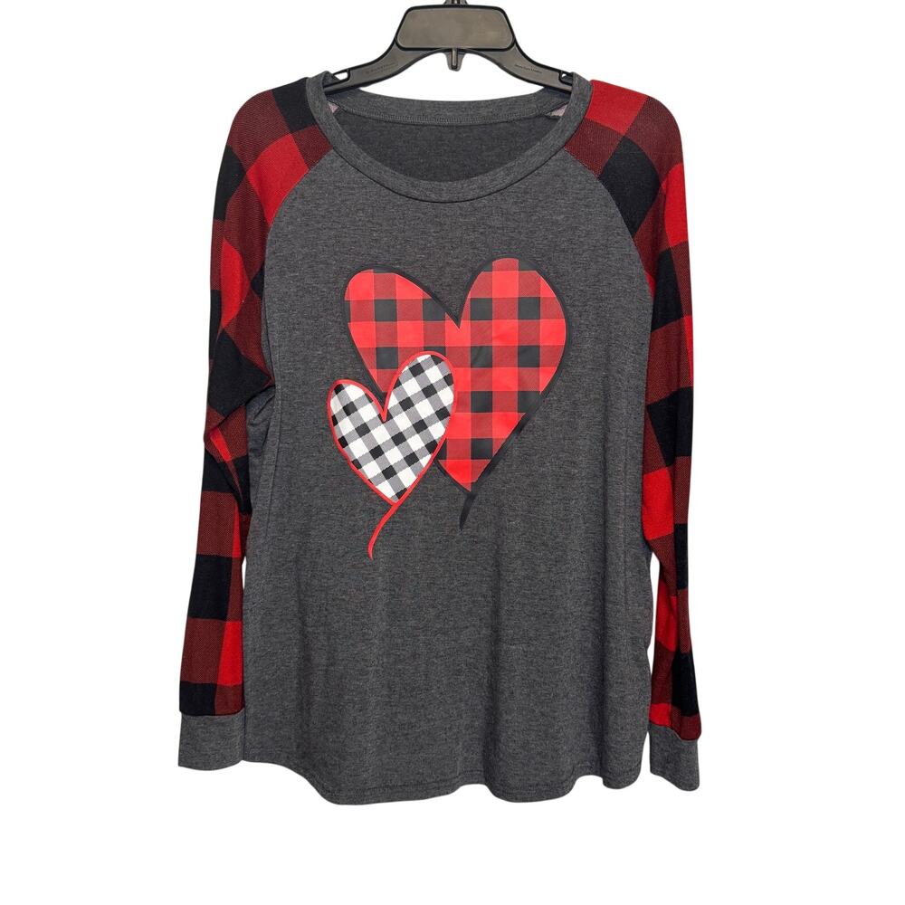 Gray long-sleeve raglan‎ t-shirt with red & black buffalo plaid sleeves - XL